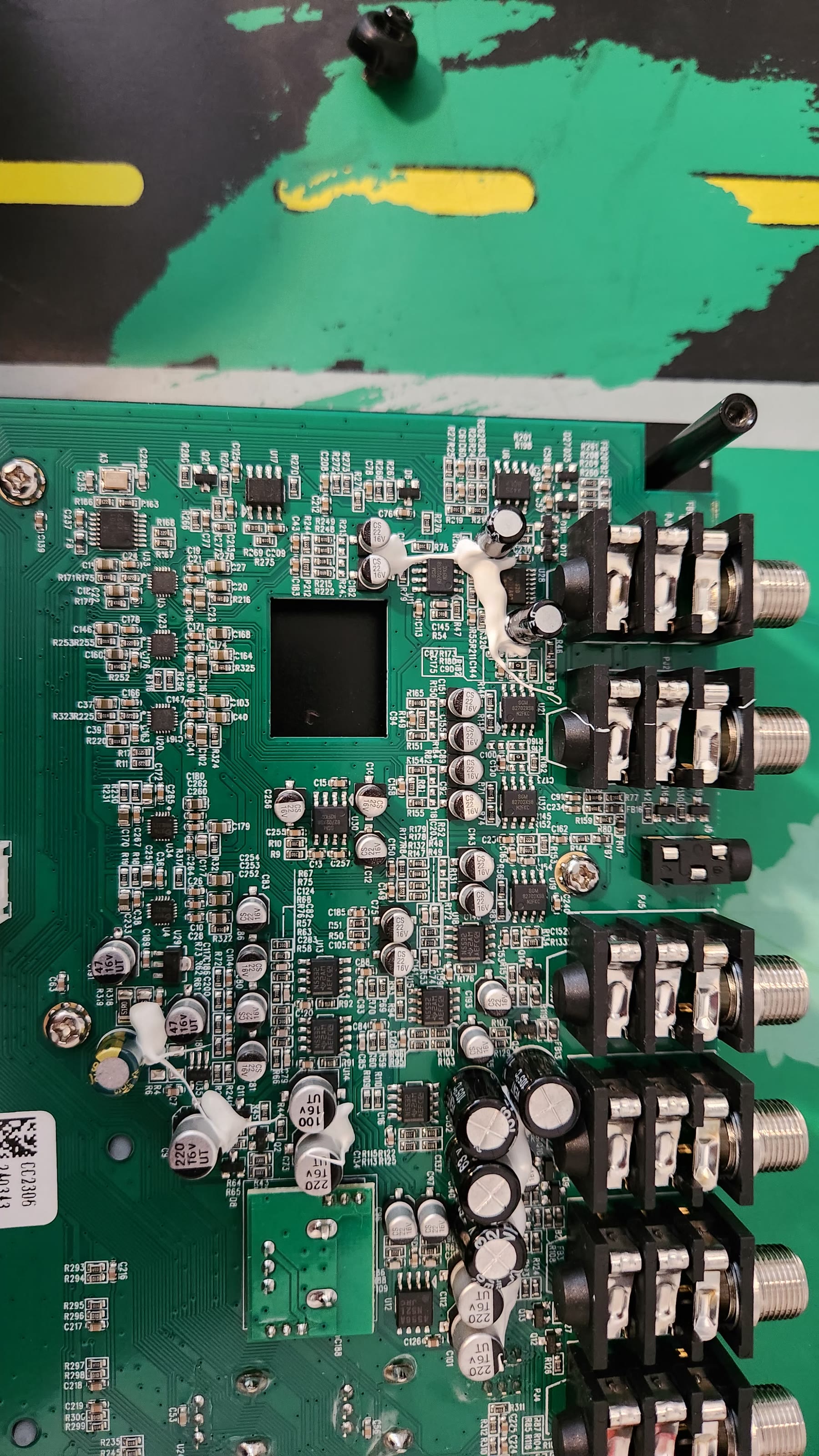 Top view of the quarter-inch audio jack solder joints and nearby analog input circuitry