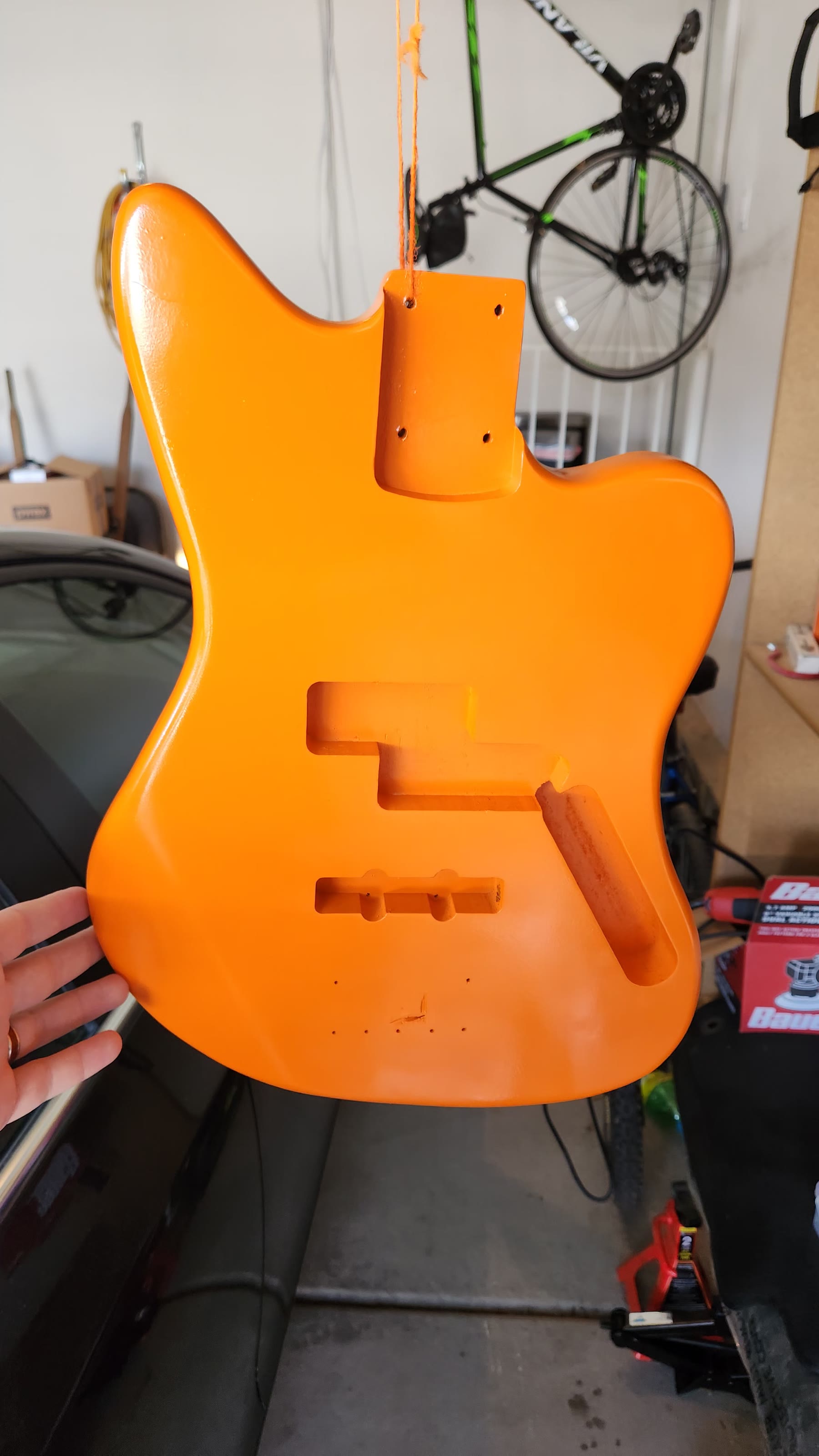 Bass body after painting it bright orange